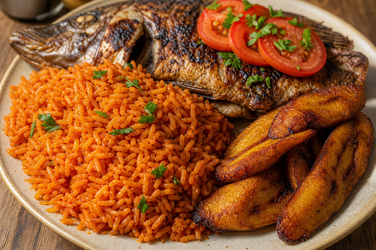 Jollof Rice with Grilled Tilapia and Plantain