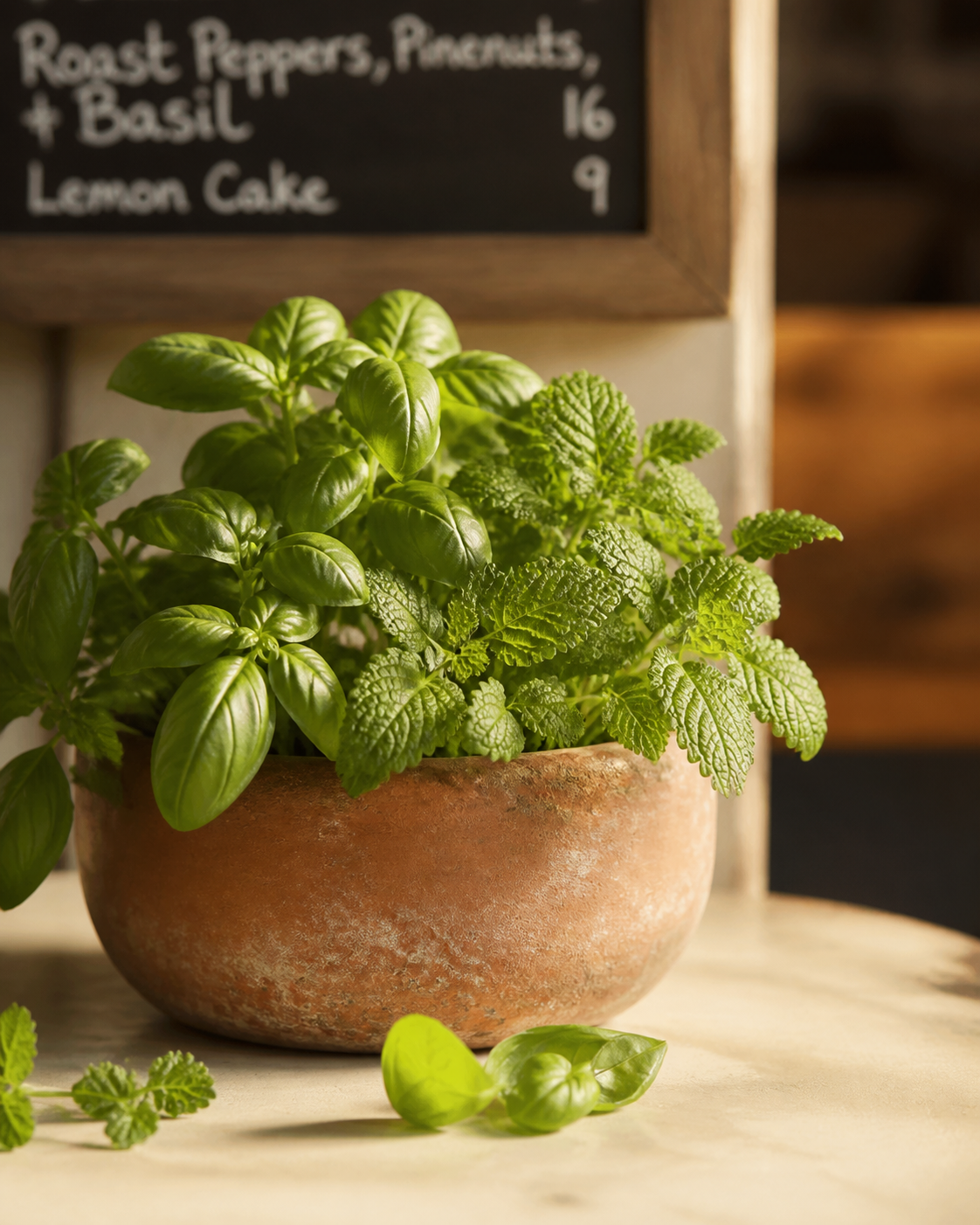 Herbs on cream terracotta surface - Ukoni kitchen